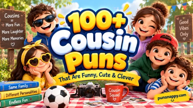 Cousin Puns featured image with happy cartoon cousins, colorful 3D lettering, and a picnic setting.