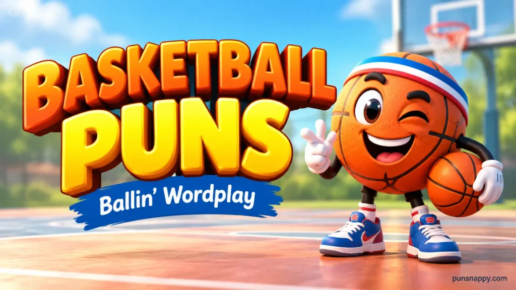Puns about basketball featured image with bold 3D lettering, a smiling basketball mascot, and a sunny court.