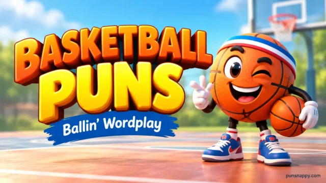 Puns about basketball featured image with bold 3D lettering, a smiling basketball mascot, and a sunny court.