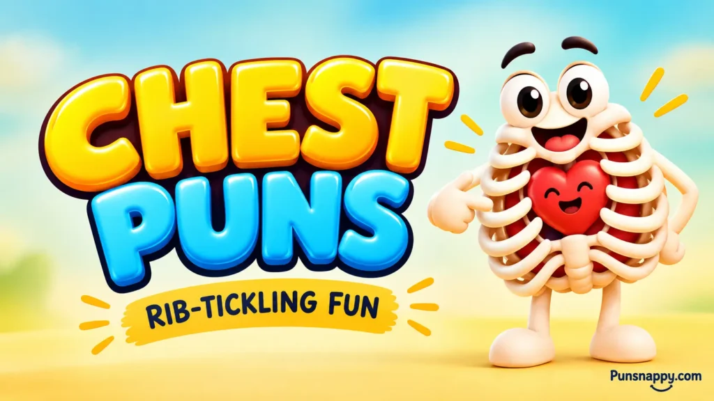 Chest puns featured image with colorful 3D lettering and a smiling ribcage mascot.