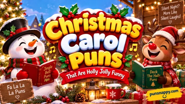 Christmas Carol Puns featured image with a cheerful snowman, singing reindeer, and festive 3D lettering.