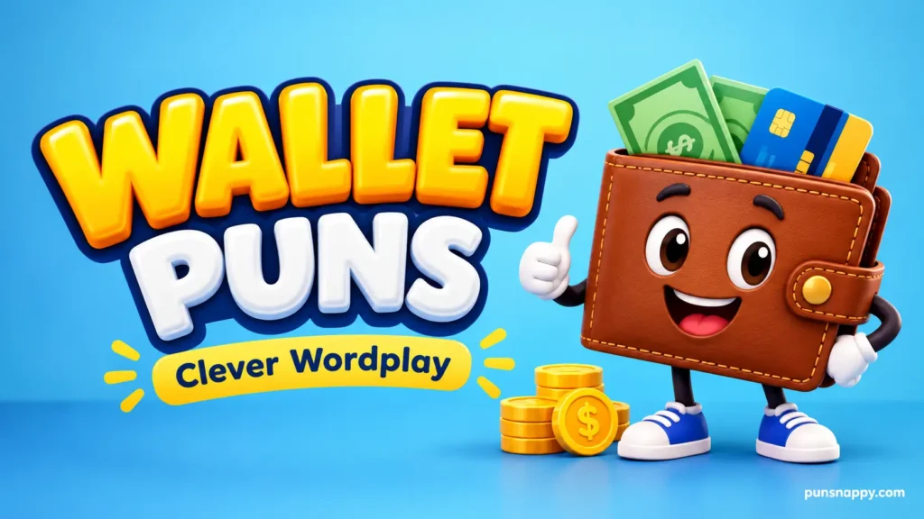 Wallet puns thumbnail featuring bold 3D lettering, a smiling brown wallet mascot, gold coins, and colorful cards.