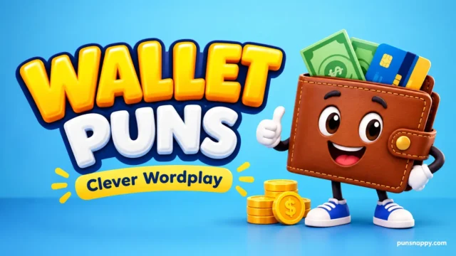 Wallet puns thumbnail featuring bold 3D lettering, a smiling brown wallet mascot, gold coins, and colorful cards.